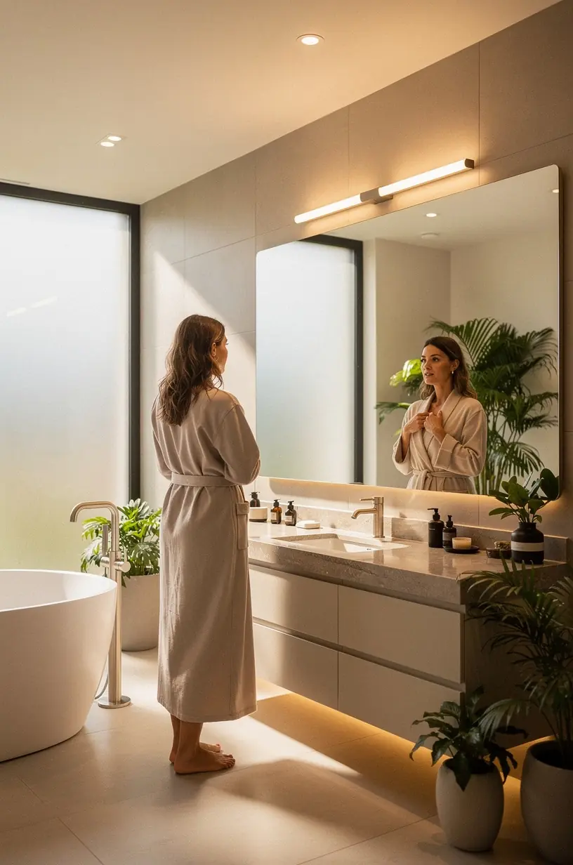Adjustable lighting enhancing room atmosphere and functionality.
